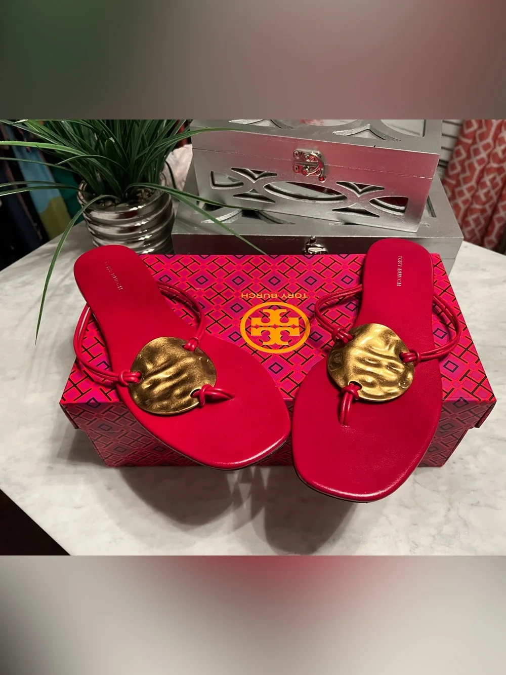Tory Burch Red Sandal with Gold Medallion